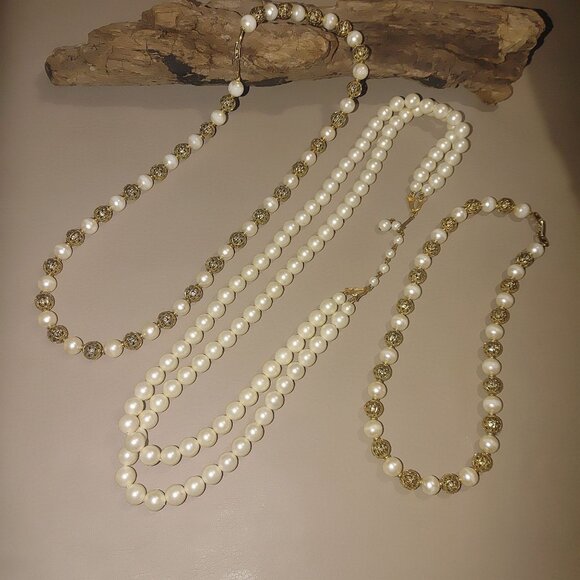 Vintage Napier Gold Tone Filigree Faux Pearl Vintage Multi Strand Necklace Lot - Picture 1 of 9